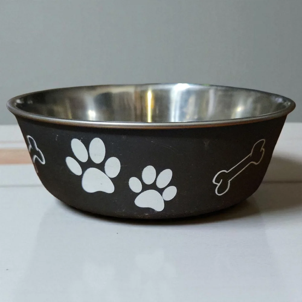 Pet Dog Cat Anti Skid STAINLESS STEEL Paw Prints Bones M 27 Oz Bella Bowl Rubber